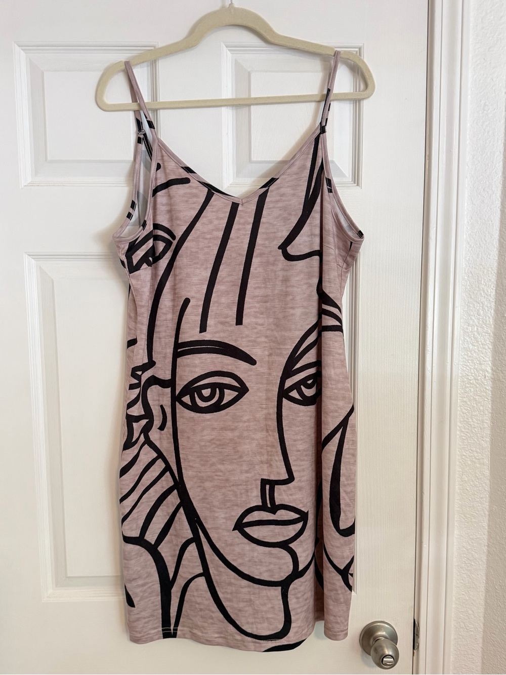 Abstract Face Print Cami Mini Dress Pink Black Large Artsy Graphic